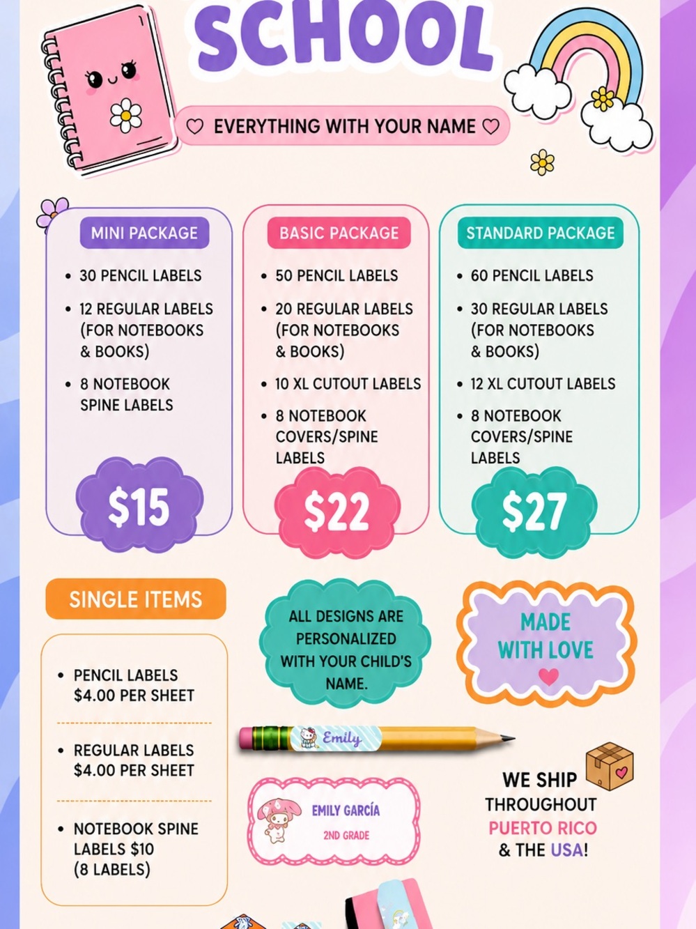 Personalized School Pencil & Notebook Labels - Pink